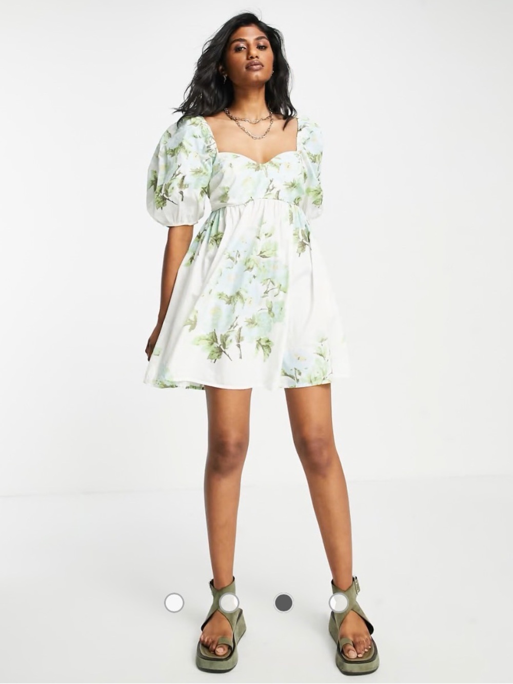 Free People White 100% cotton Floral Dress with pockets Green Blue large 12 14 - Picture 5 of 6